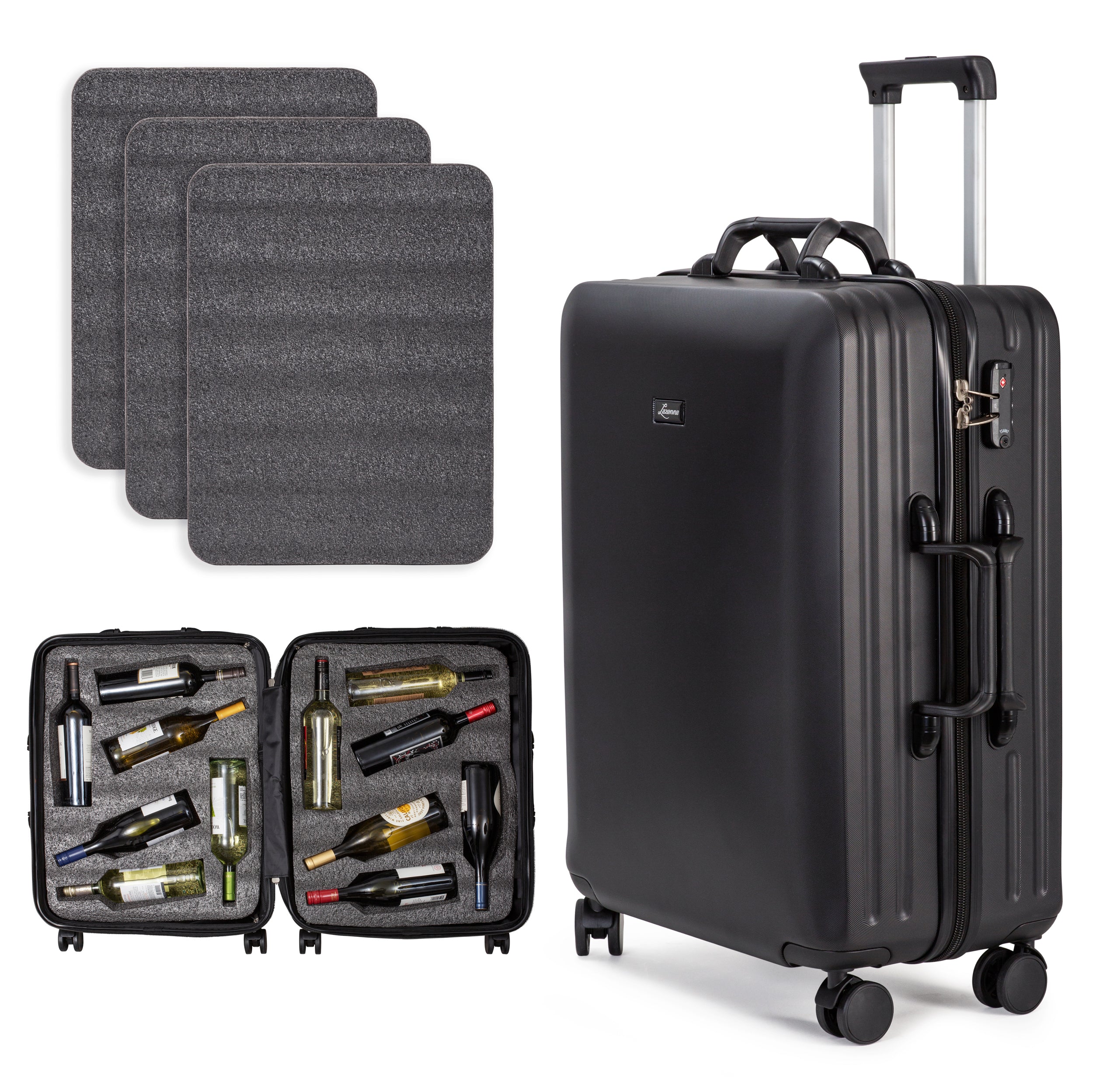 Lazenne Elite suitcase with three foam layers, packed bottles and closed case