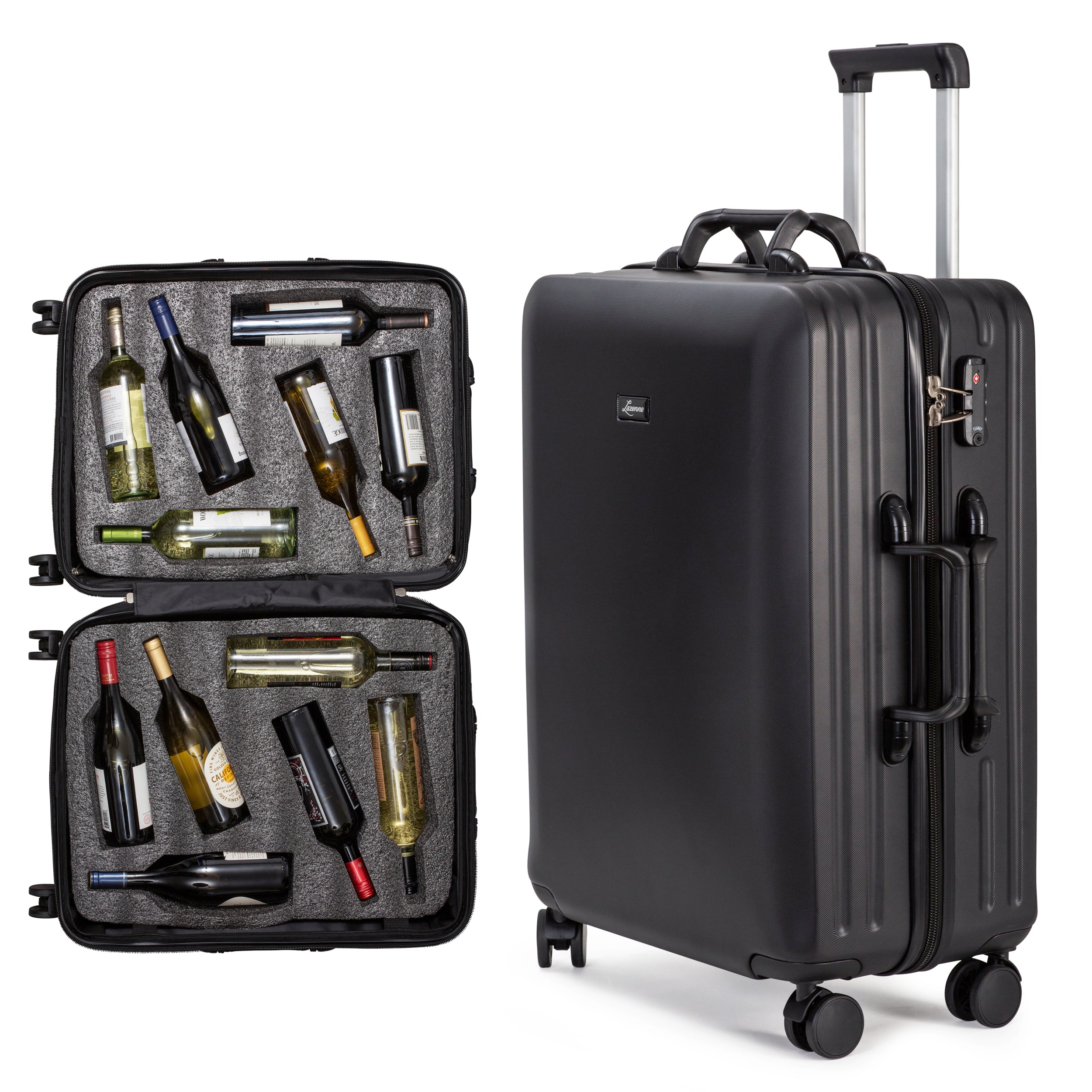Open Lazenne Elite suitcase packed with wine bottles beside the closed case