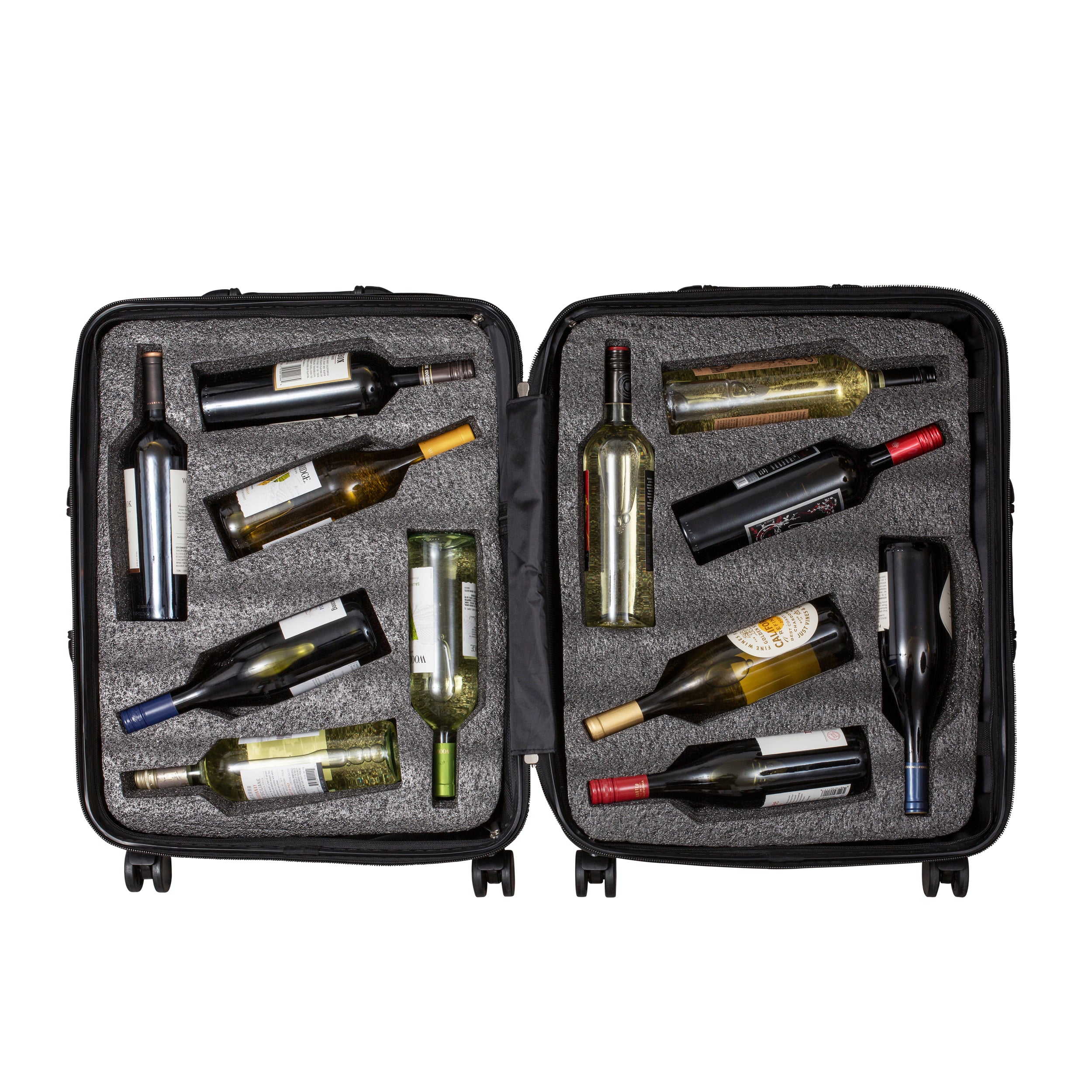 Open Lazenne Elite suitcase with twelve wine bottles secured in foam compartments