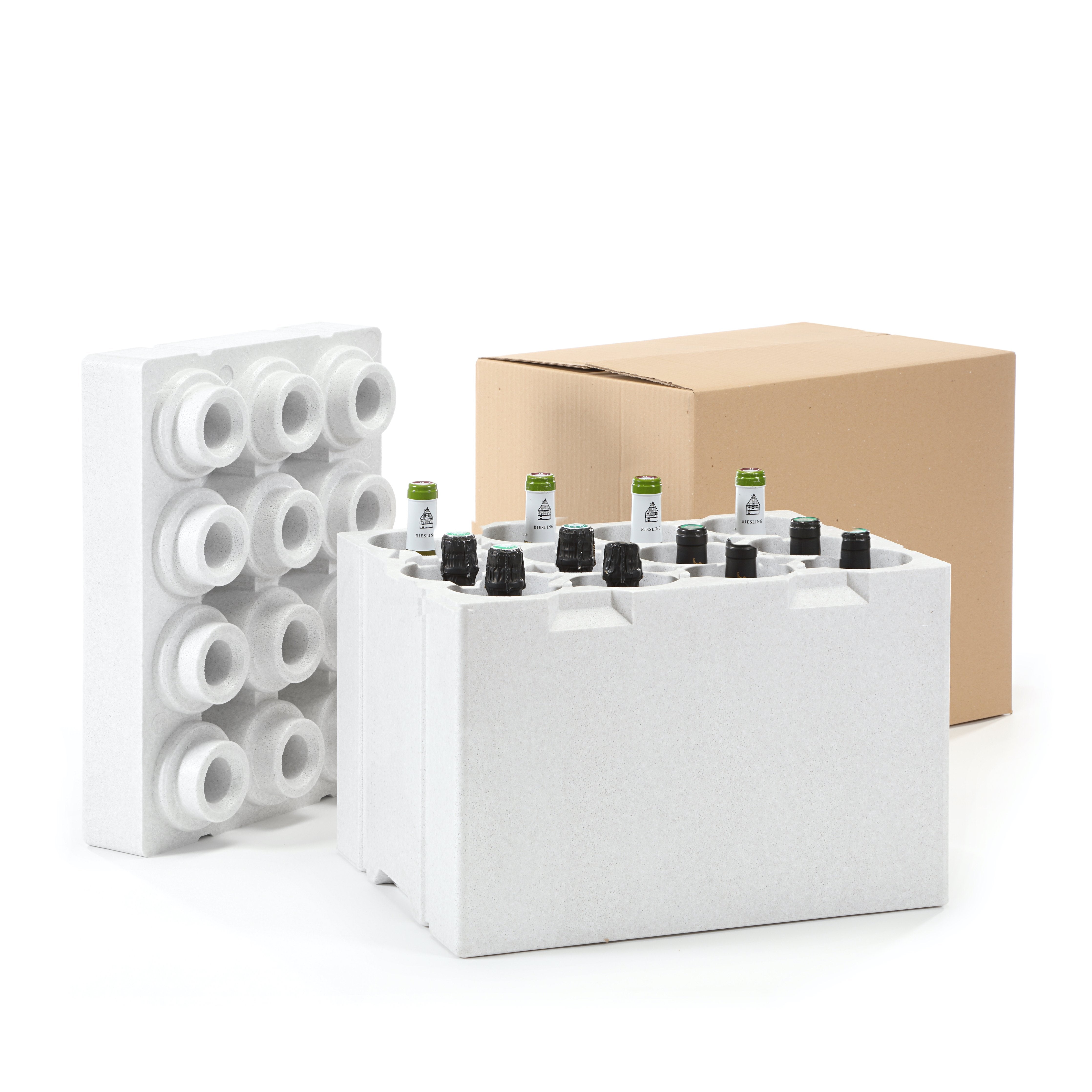 Twelve-bottle polystyrene wine insert with bottles and cardboard outer box
