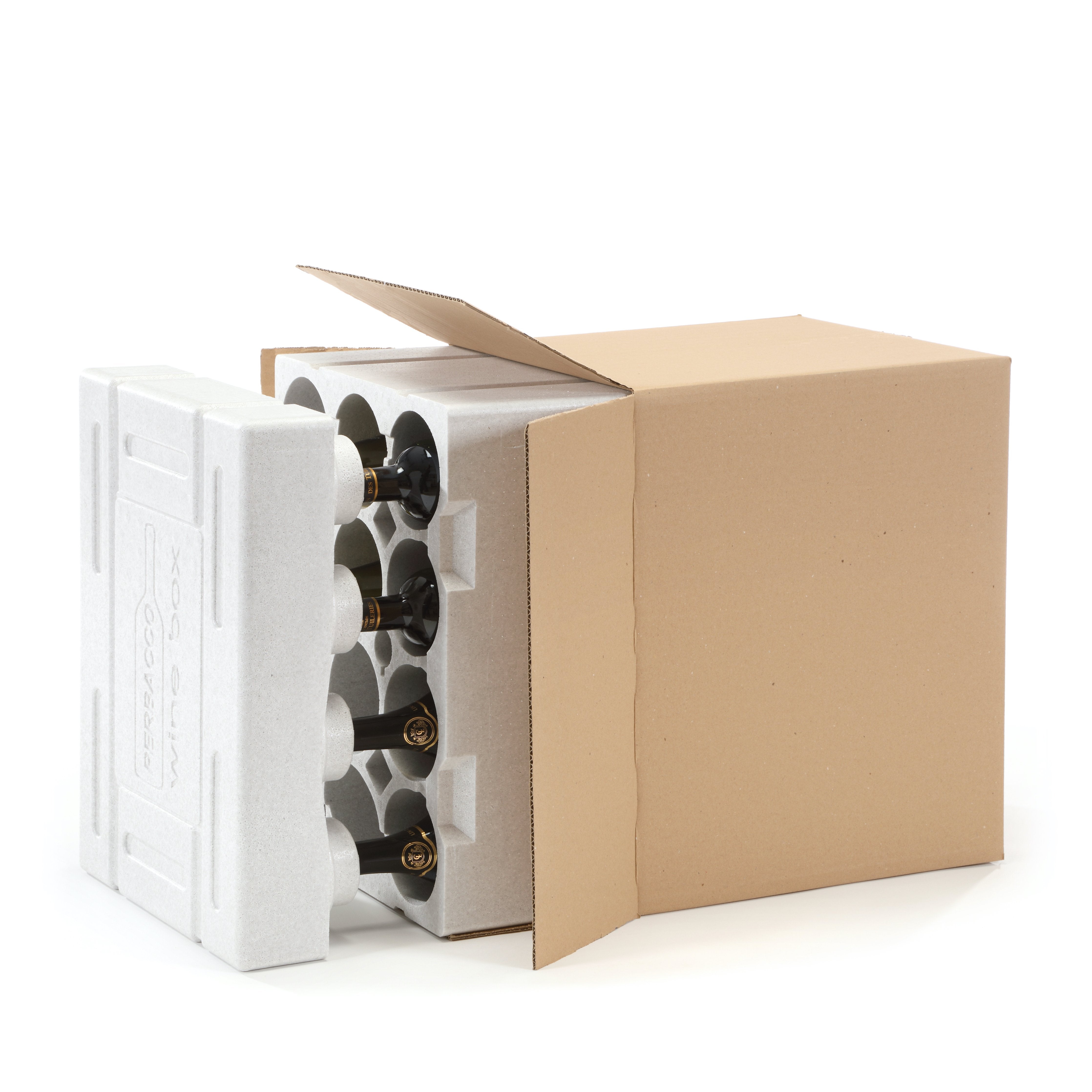 Cardboard shipping box open around a filled 12-bottle polystyrene insert